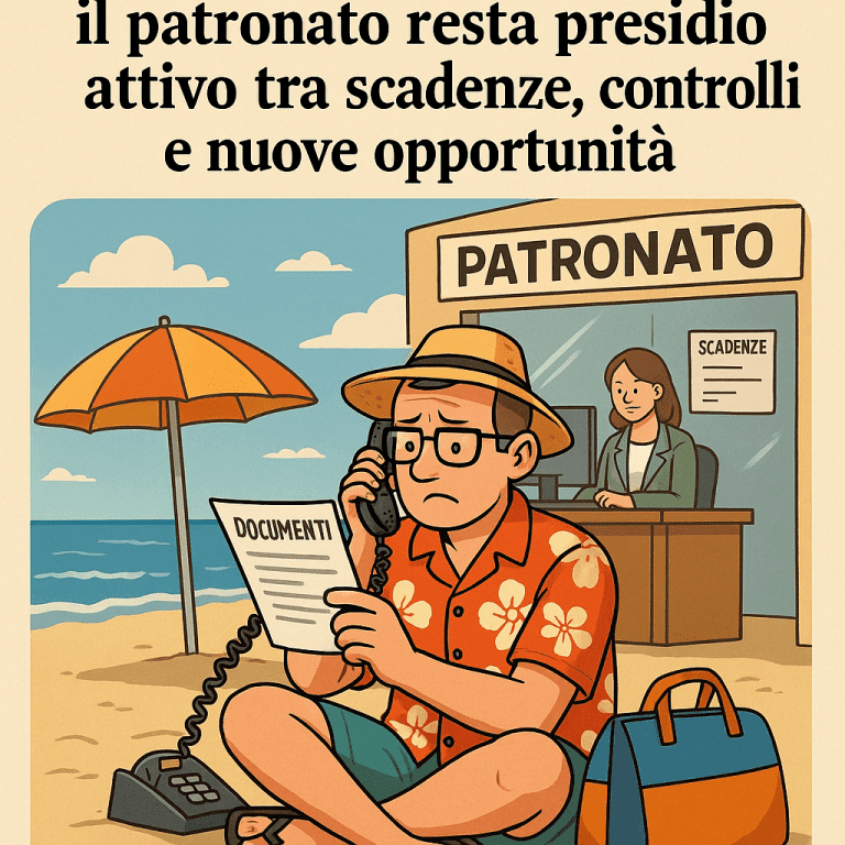Illustrazione ironica di un uomo in vacanza che chiama il patronato per gestire documenti e scadenze, con lo sportello attivo anche in estate.