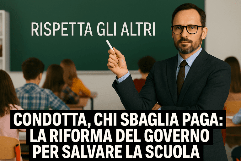 Insegnante in aula con messaggio sulla riforma della condotta scolastica