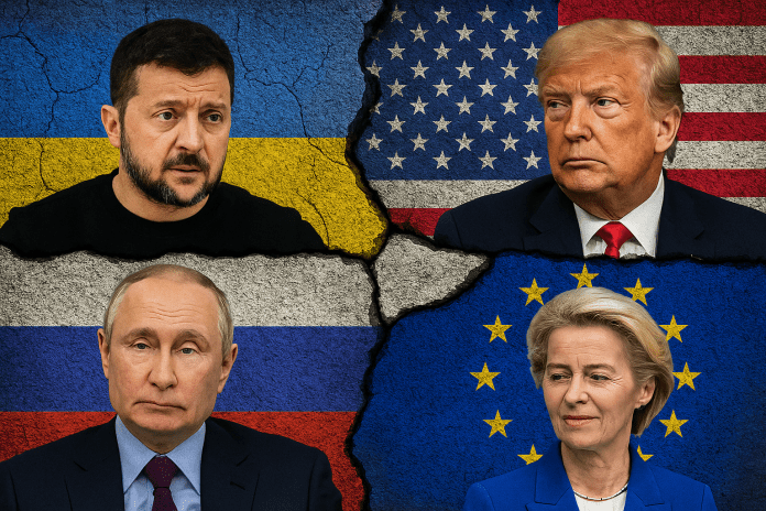 trump Bandiere di Stati Uniti, Russia, Ucraina e Unione Europea rappresentate come blocchi di cemento crepati, simbolo di frattura politica