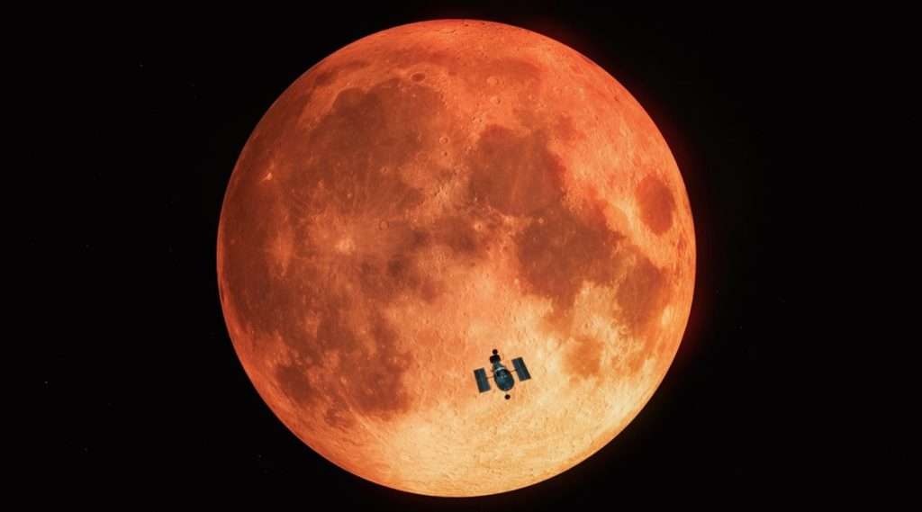 Luna di Sangue 2025: la Luna rossa durante un’eclissi totale, con il telescopio spaziale Hubble in silhouette