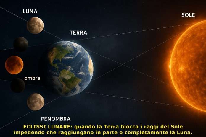 Luna di Sangue 2025: schema dell’eclissi lunare con allineamento Sole–Terra–Luna, ombra e penombra