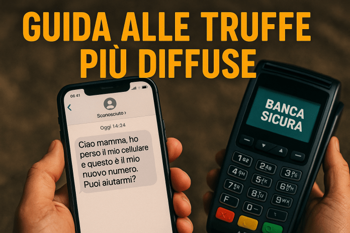 Telefono con falso messaggio del “figlio con nuovo numero” e POS con scritta “Banca Sicura” – guida alle truffe più comuni e alle frodi bancarie.