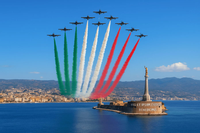 Rappresentazione AI dell’evento: le Frecce Tricolori su Messina.