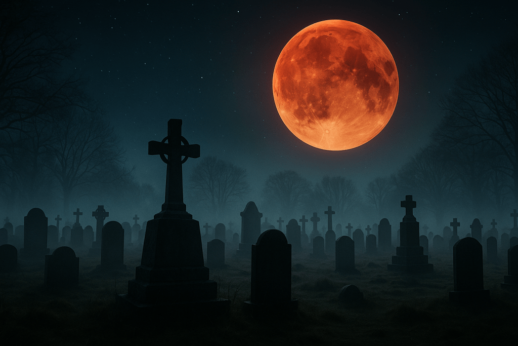 Luna di Sangue 2025: luna rossa sopra un cimitero in silhouette con croci, atmosfera gotica