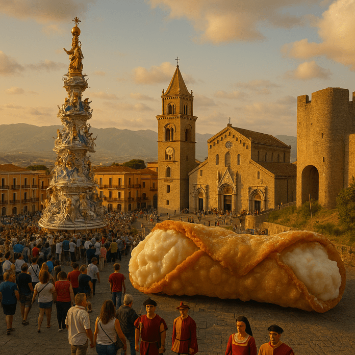Scene festive ispirate agli eventi di agosto a Messina e provincia, con processione, corteo medievale e sagre locali.