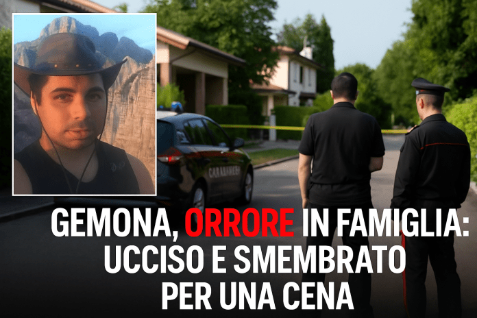 Omicidio a Gemona di Alessandro Venier a Gemona del Friuli: in primo piano il volto della vittima, sullo sfondo scena del crimine con auto dei Carabinieri. Titolo: Gemona, orrore in famiglia: ucciso e smembrato per una cena
