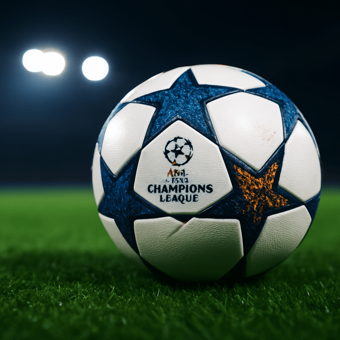 Pallone da calcio in stile UEFA Champions League appoggiato su prato verde, illuminato da riflettori dello stadio