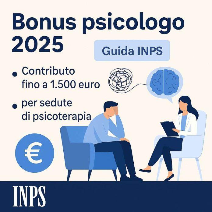 Illustrazione informativa sul Bonus psicologo 2025, contributo INPS fino a 1.500 euro per sedute di psicoterapia