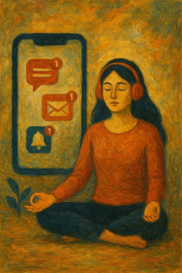 Illustrazione di una donna con cuffie davanti a notifiche digitali, simbolo di digital detox e disconnessione