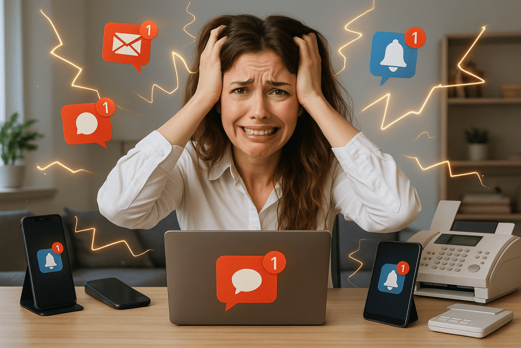 Giovane donna sorridente e ironicamente stressata dalle notifiche, circondata da dispositivi digitali, simbolo di digital detox