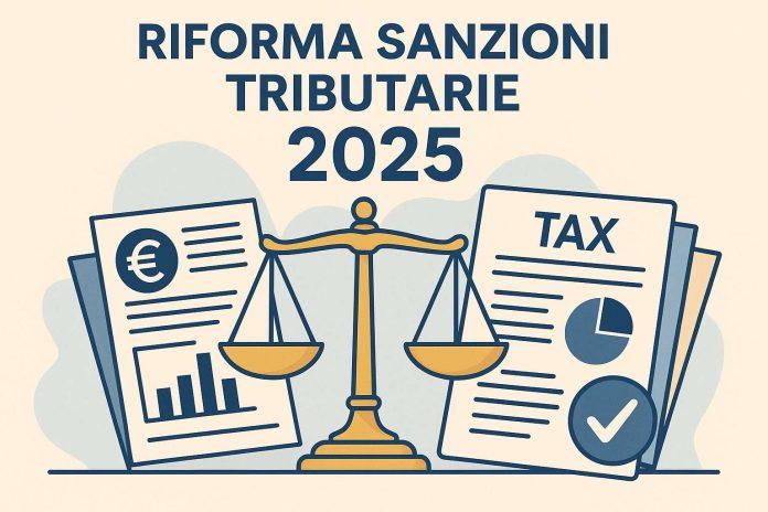 Riforma sanzioni tributarie 2025 in Italia con bilancia della giustizia e documenti fiscali