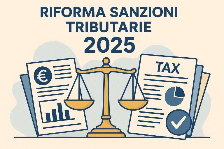 Riforma sanzioni tributarie 2025 in Italia con bilancia della giustizia e documenti fiscali
