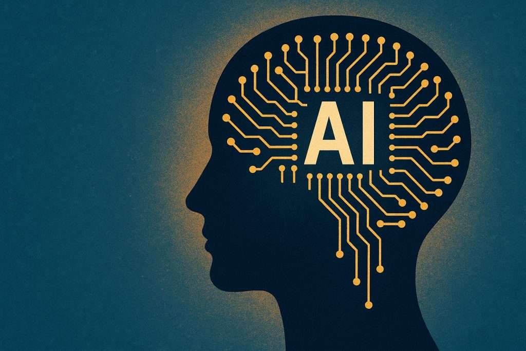 Illustrazione di un volto umano con cervello digitale che rappresenta il confine tra uomo e intelligenza artificiale