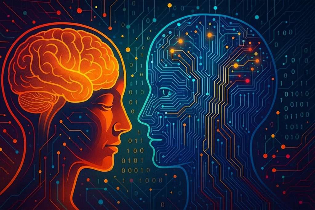Illustrazione di un volto umano con cervello digitale che rappresenta il confine tra uomo e intelligenza artificiale