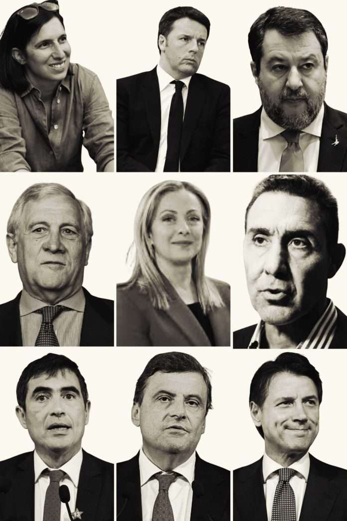 Immagine con i volti dei principali partiti italiani che rappresentano la crisi della leadership politica nel 2025