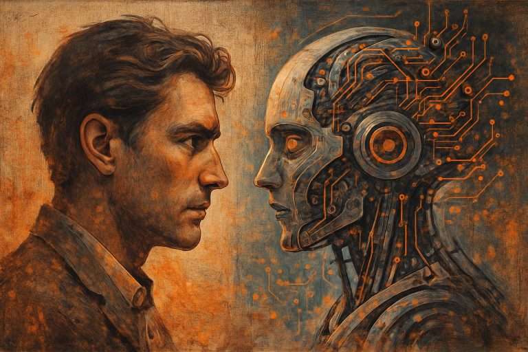 Uomo e intelligenza artificiale che si osservano, confronto visuale tra umano e macchina