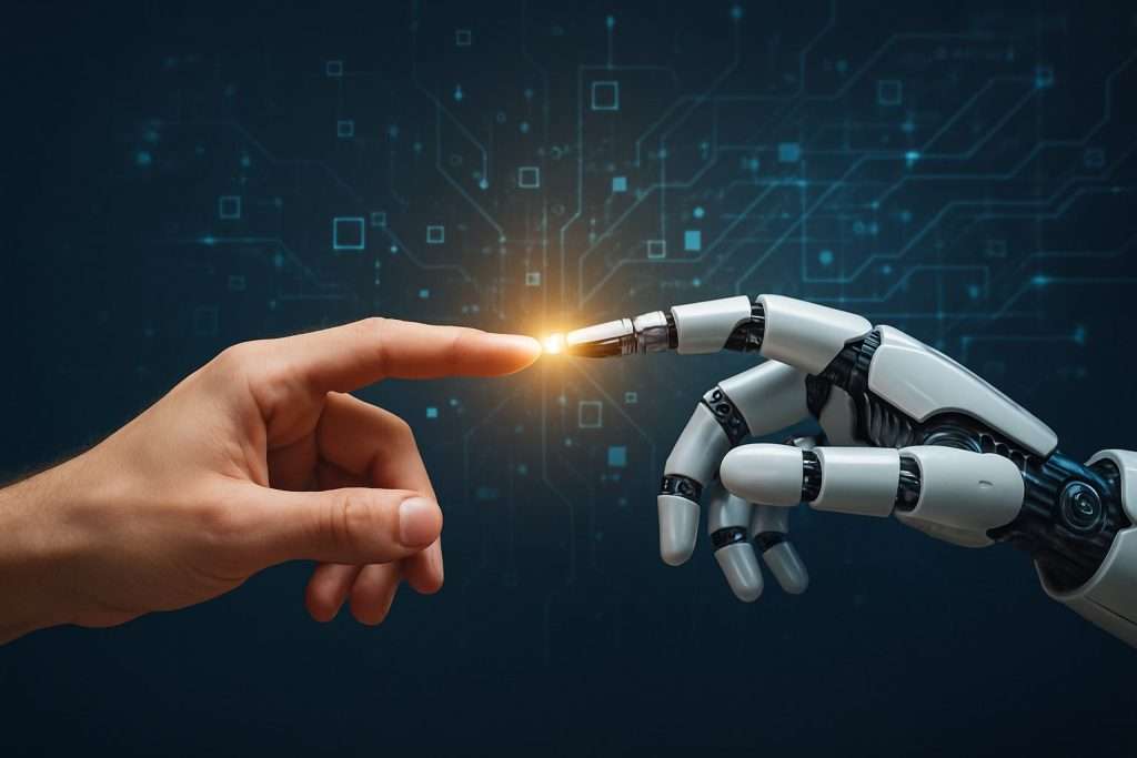 Immagine concettuale che mostra una mano umana tesa verso forme digitali illuminate e geometriche, evocando il rapporto tra creatività biologica e sistemi artificiali. Mano umana che tocca pattern digitali astratti, connessione tra umano e tecnologia