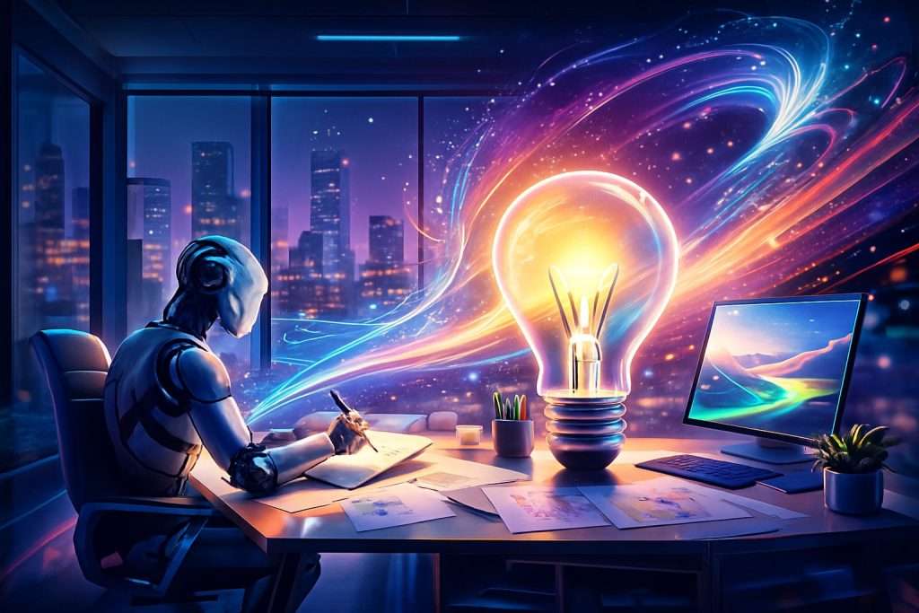 Scena futuristica in cui un robot umanoide è seduto a una scrivania e sta disegnando, circondato da strumenti creativi. Una grande lampadina luminosa al centro della stanza emana scie colorate, simbolo dell’ispirazione e del processo creativo condiviso tra intelligenza artificiale e immaginazione umana. Sullo sfondo, una città notturna illuminata da luci digitali IA_Robot che disegna in uno studio futuristico con una lampadina luminosa che simboleggia la creatività