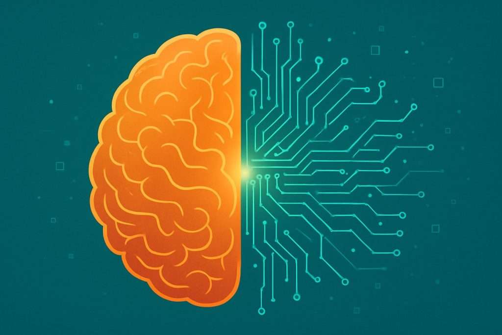 Illustrazione concettuale che mostra un cervello diviso in due parti: a sinistra una forma organica arancione che rappresenta il pensiero umano, a destra una struttura digitale composta da circuiti luminosi, simbolo dell’intelligenza artificiale e della fusione tra creatività biologica e tecnologia. IA_Illustrazione di un cervello metà umano e metà circuito elettronico su sfondo verde