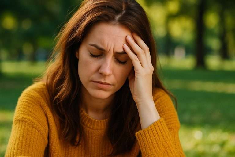 Infiammazione rappresentata da una donna che si tocca la fronte in un momento di stanchezza.