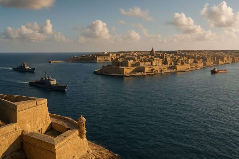 Geopolitica nel Mediterraneo rappresentata da una città costiera storica e da una barca tradizionale in navigazione nel porto