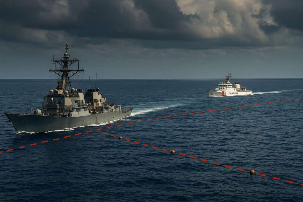 Navi militari a confronto lungo un confine marittimo nel Mediterraneo Geopolitica delle sovranità marittime nel Mediterraneo con due navi che si fronteggiano lungo un confine simbolico