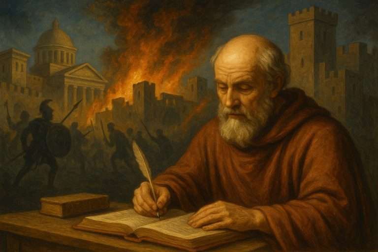 Agostino osserva la città in fiamme e scrive un testo, simbolo della nascita della Città di Dio durante il crollo di Roma.