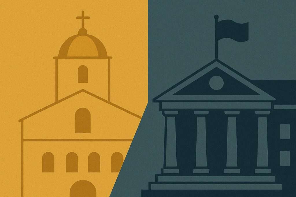 Agostino distingue visivamente la città di Dio dalla città terrena, simbolizzate da una chiesa e da un palazzo politico.
