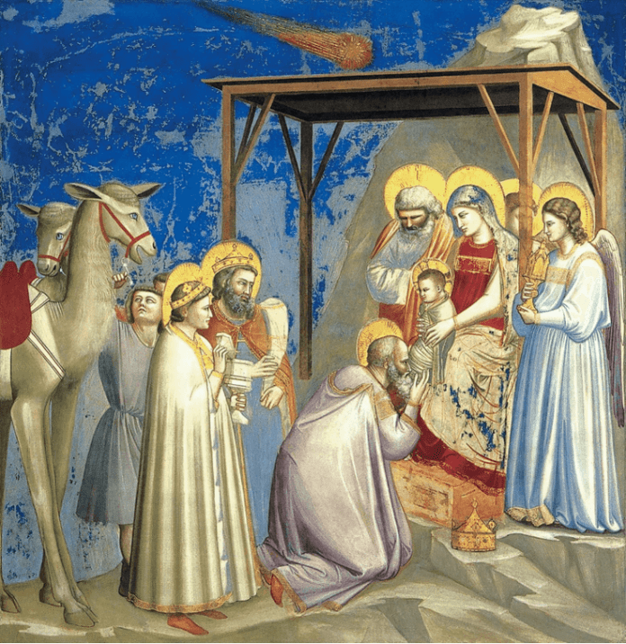 Natività medievale con adorazione di Maria e Gesù Bambino, simbolo dell’Incarnazione e del Natale cristiano