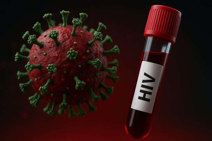 AIDS e Virus HIV in modello 3D realistico accanto a una provetta di sangue etichettata HIV, simbolo della diagnosi e della ricerca contro il virus