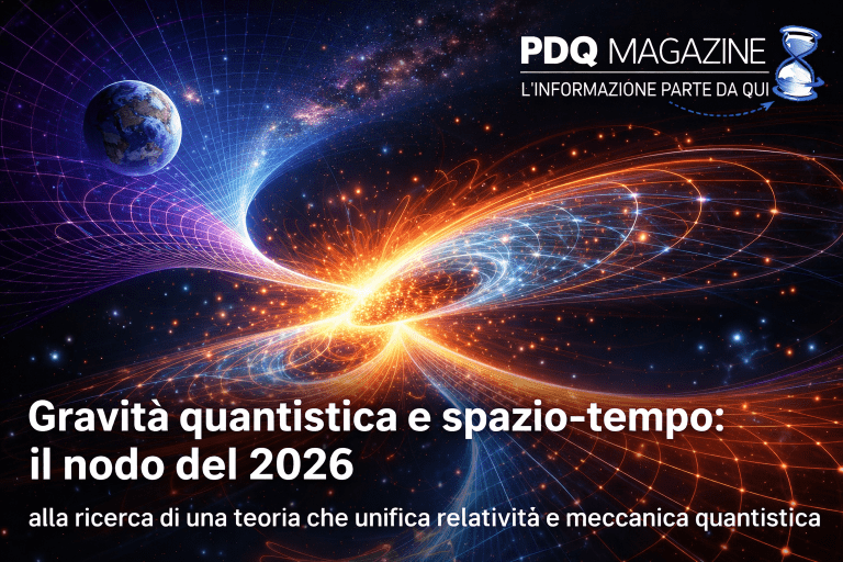 Illustrazione della gravità quantistica e dello spazio-tempo con fluttuazioni quantistiche e reti cosmiche che si intrecciano