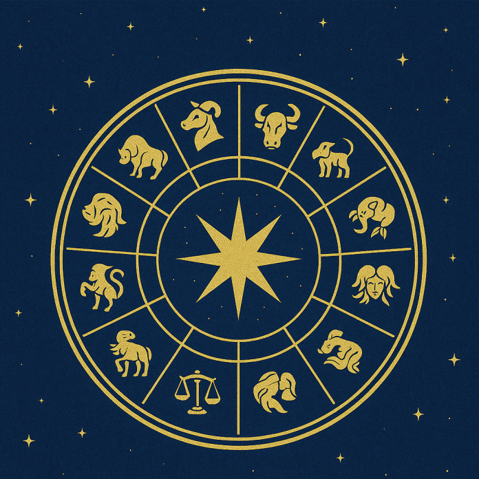Ruota zodiacale dorata su sfondo blu stellato, simboli dei dodici segni astrologici per l’oroscopo settimanale.