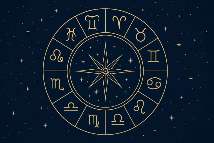 Cerchio zodiacale blu notte e oro con i simboli dei dodici segni: immagine per l’oroscopo della settimana di PDQ Magazine.