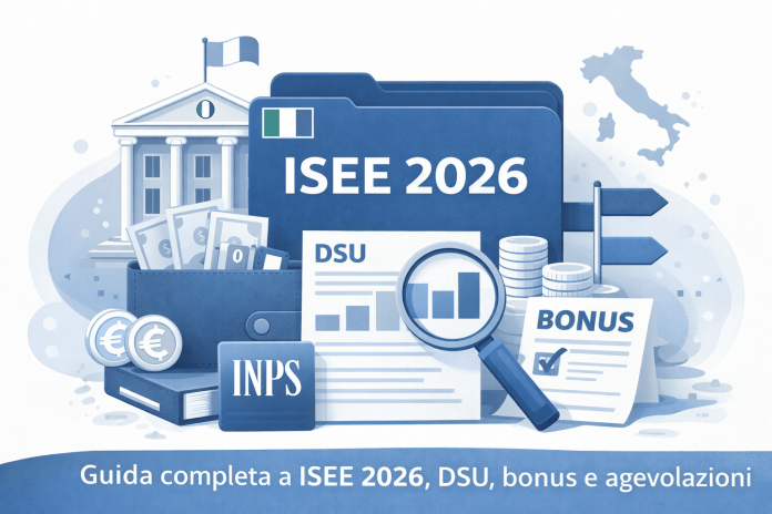 Illustrazione ISEE 2026 con documenti DSU, indicatori economici e strumenti INPS