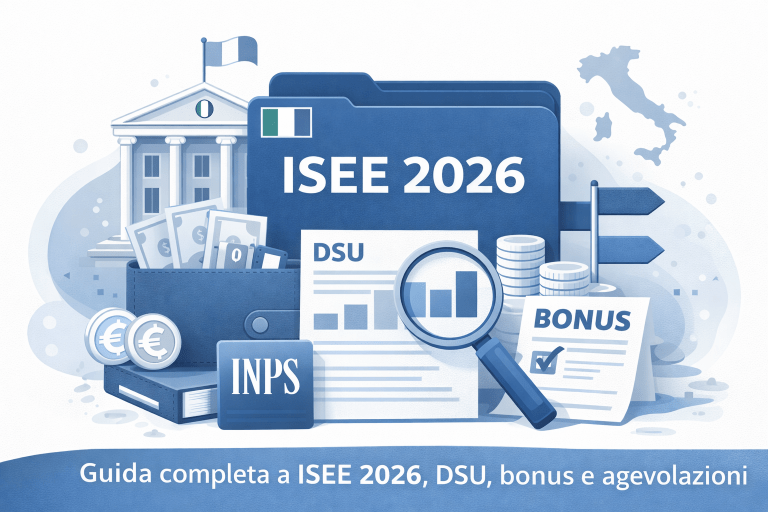 Illustrazione ISEE 2026 con documenti DSU, indicatori economici e strumenti INPS