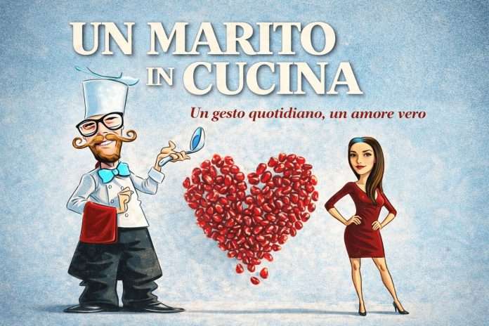 Un marito in cucina: illustrazione di un uomo chef che cucina per la famiglia, simbolo di amore e cucina di casa