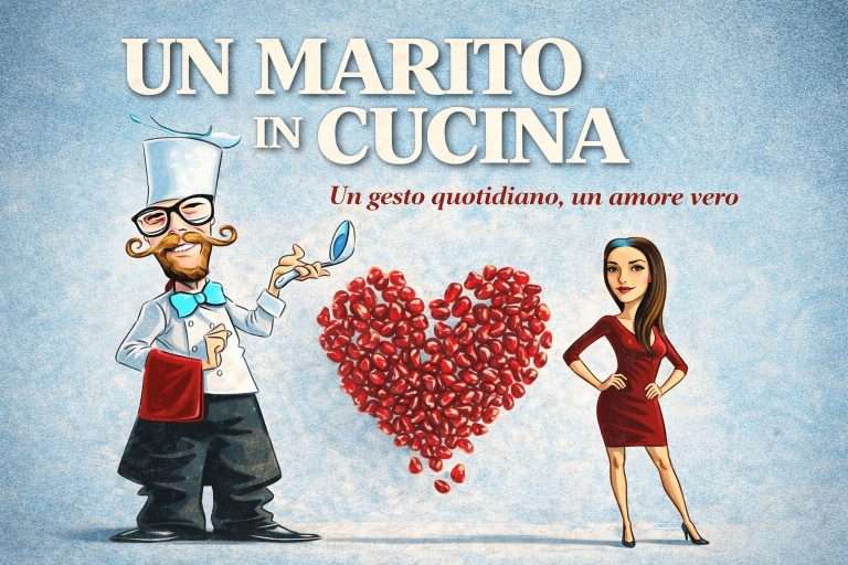 Un marito in cucina: illustrazione di un uomo chef che cucina per la famiglia, simbolo di amore e cucina di casa