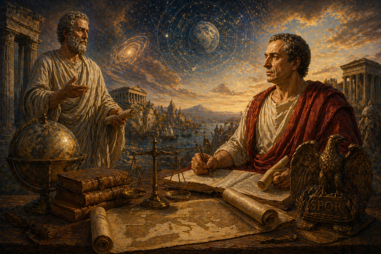 Sotto un cielo attraversato da geometrie cosmiche, un filosofo stoico e Marco Tullio Cicerone si confrontano tra mappe, rotoli e simboli del potere, incarnando l’incontro tra ragione universale e ordine politico