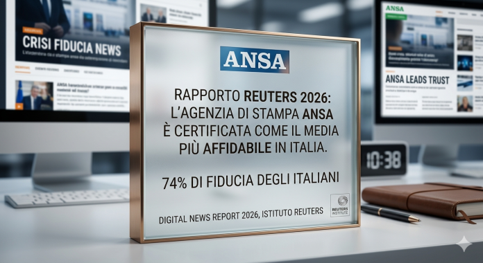 il primato dell'ANSA come media più affidabile in Italia con il 74% della fiducia, secondo i dati del Digital News Report 2026 dell'Istituto Reuters.