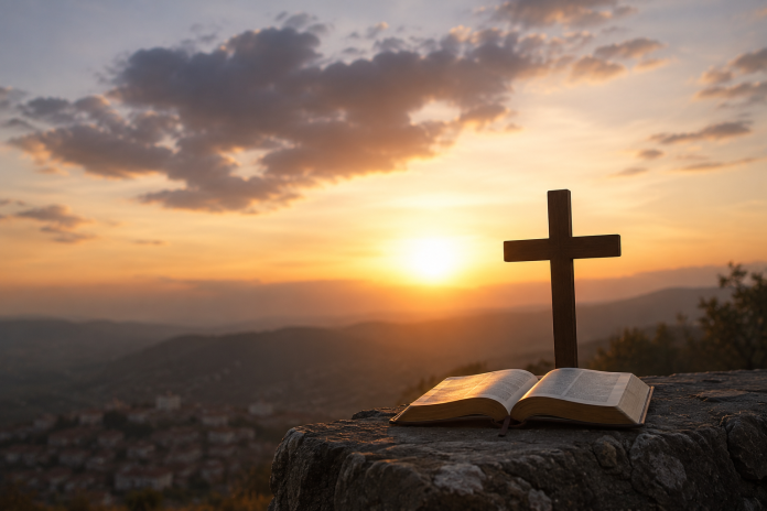 Una croce e un Vangelo illuminati dal tramonto simboleggiano le radici spirituali dell'Occidente, al centro della riflessione sull'identità cristiana, il dialogo interreligioso e il futuro culturale affrontata nell'articolo