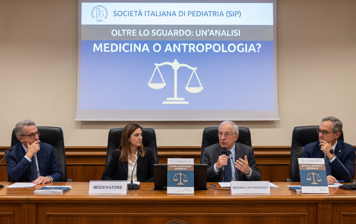 Una sala conferenze istituzionale con relatori a un tavolo e un grande schermo sullo sfondo incentrato sul dibattito della guida varianza di genere SIP.