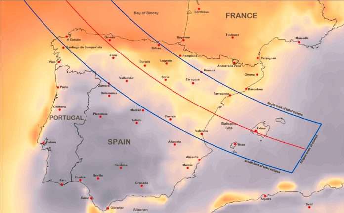La mappa mostra il percorso dell’eclissi solare totale del 12 agosto 2026 attraverso la Penisola Iberica, con la fascia della totalità che interesserà parte della Spagna e una piccola area del Portogallo