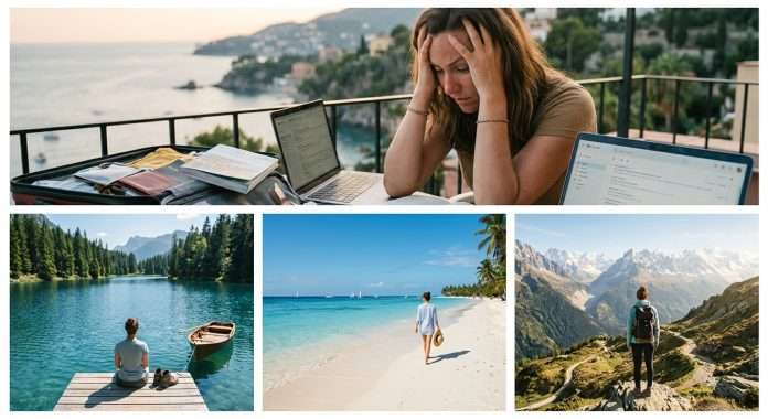 Un mosaico che racconta la complessità delle vacanze. Sotto, tre visioni di evasione perfetta; sopra, il peso del 